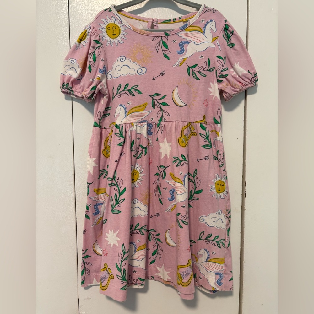 Mini Boden girls dress size 5-6 Greek Toile print with Pegasus, harps, and stars